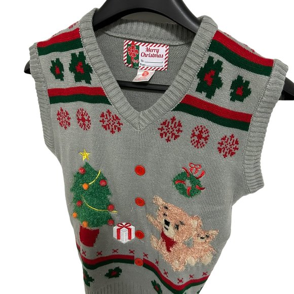 Merry Christmas Ugly Christmas V Neck Sweater Size Small Tree Dog - Picture 2 of 5